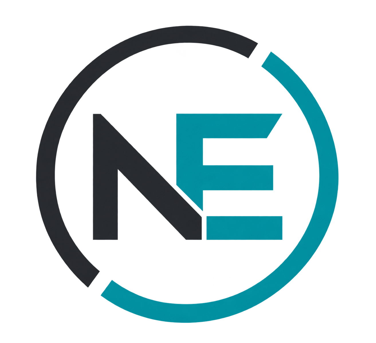 Circular NE monogram in charcoal and teal